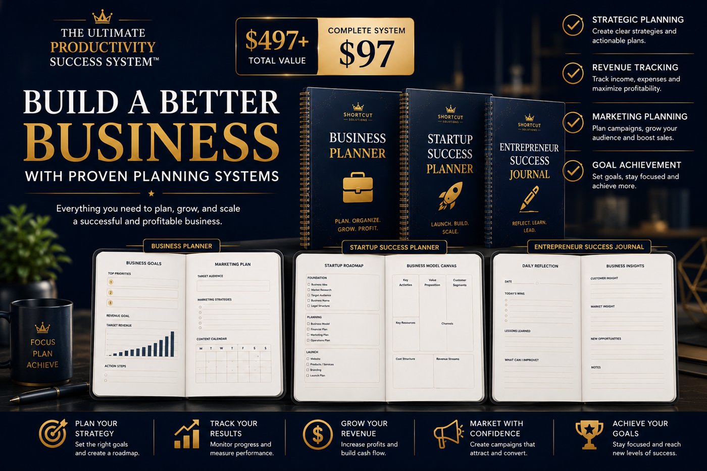 Business planner, startup planner and entrepreneur journal spreads