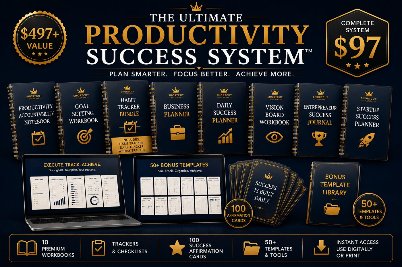 The Ultimate Productivity Success System bundle — ten planners, laptop, tablet and affirmation cards